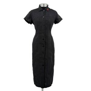 Preview Collection Black Linen Blend Button Down Embroidered Midi Dress Size 4P